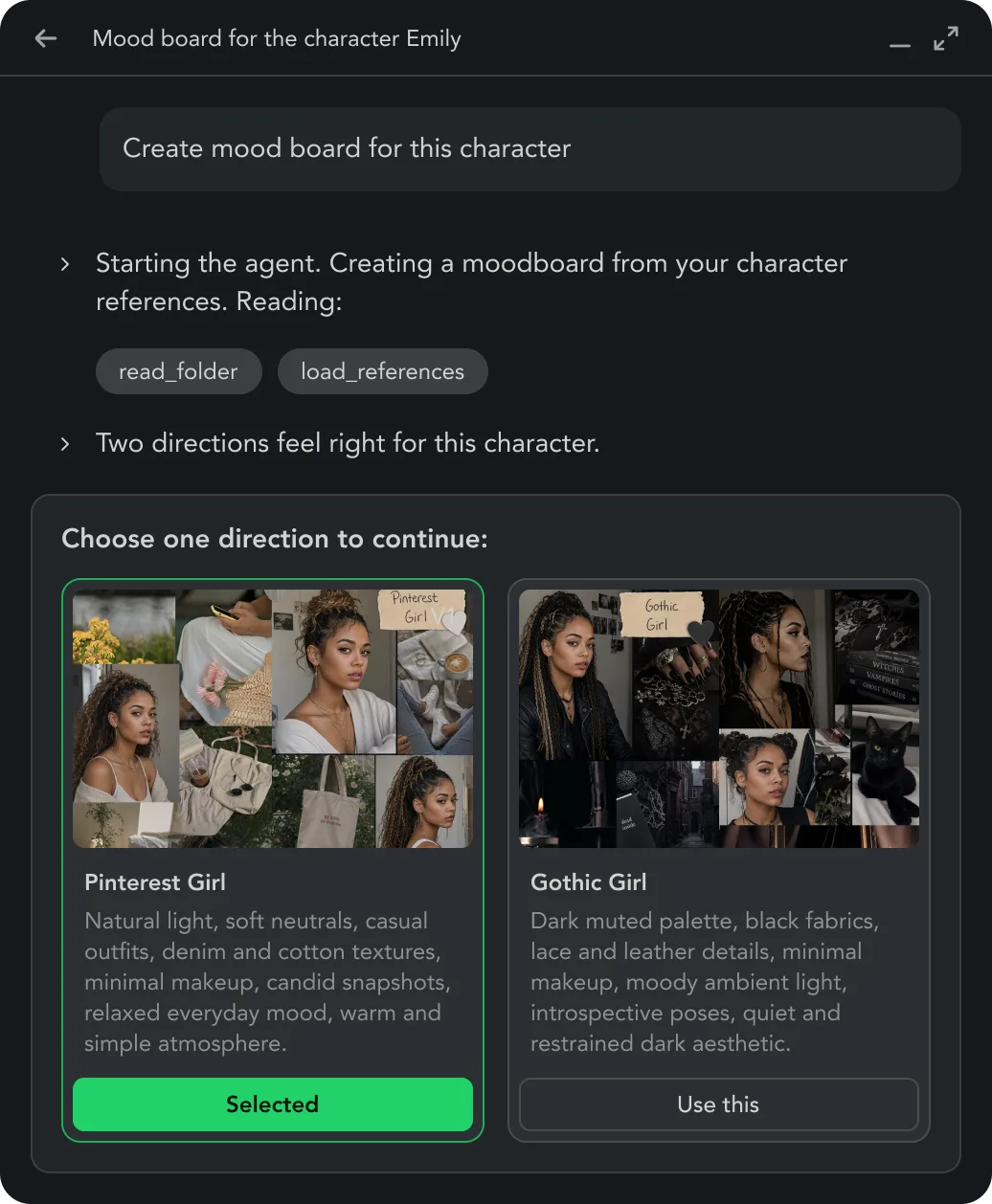 Agent chat — brief the agent, pick a direction