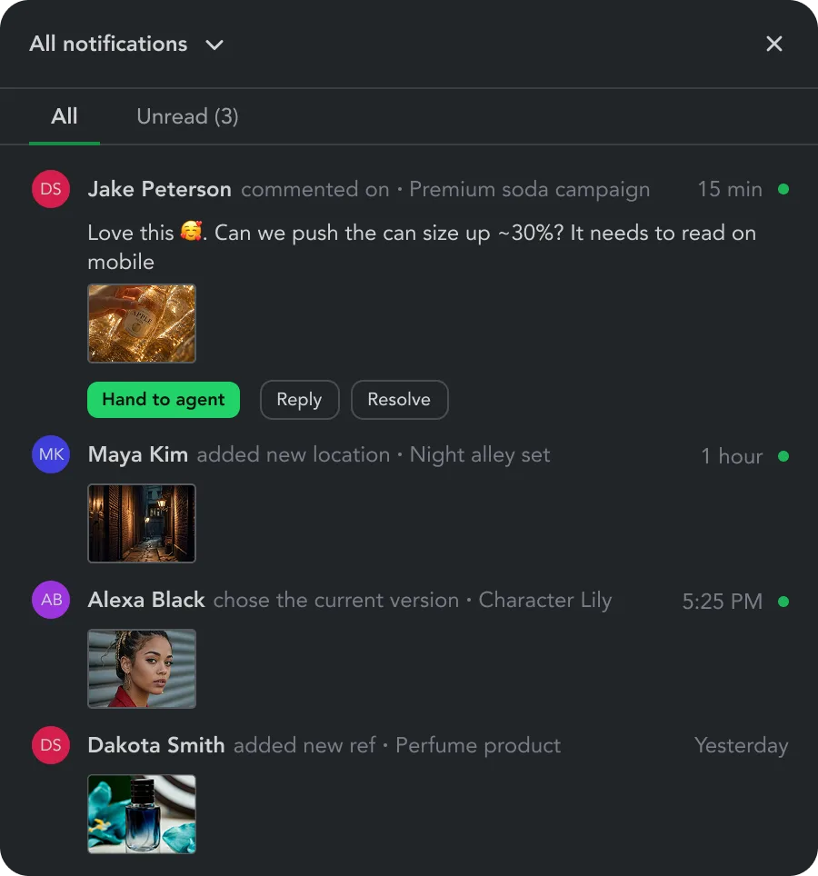 Notifications panel — comments, approvals, hand-offs to the agent
