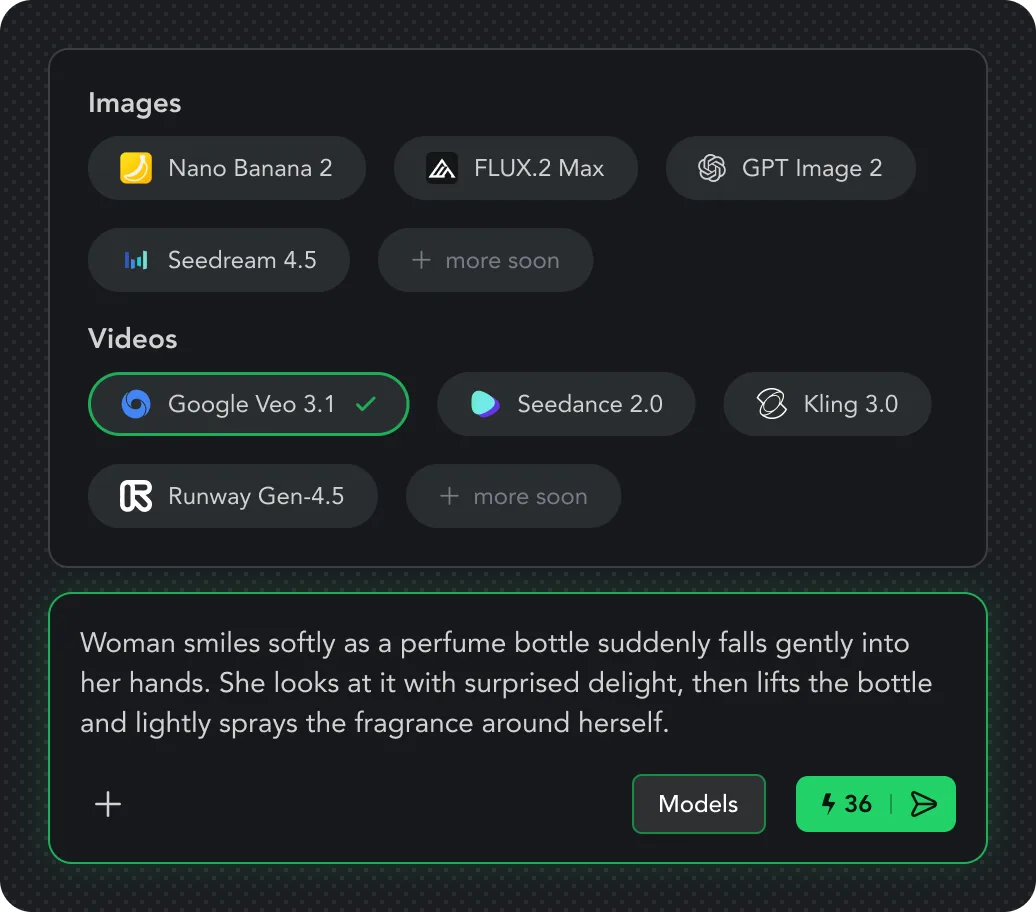 Model picker — choose between Veo, Kling, Flux, Nano Banana, Seedance, GPT Image and more