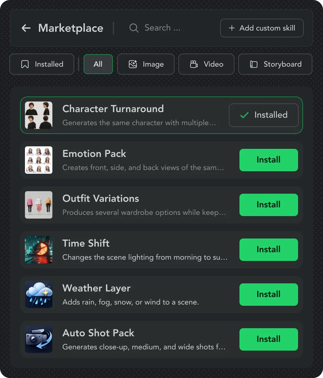 Skills marketplace — search, browse, install